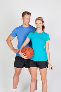 A blue men's athletic T-shirt and a turquoise women's athletic T-shirt, both paired with black shorts.