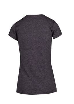 A dark grey women's athletic t-shirt with short sleeves and a fitted design. The back view is displayed.