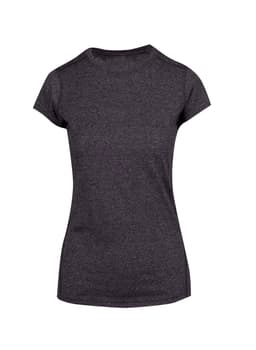 A women's athletic T-shirt in a dark grey colour, featuring a fitted design and short sleeves. It has a logo.