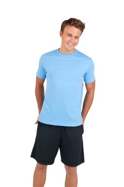 A light blue men's unisex American style t-shirt, paired with black shorts, featuring a branding logo.