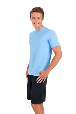 A light blue unisex t-shirt displayed on a model, paired with black shorts. The shirt features a logo.