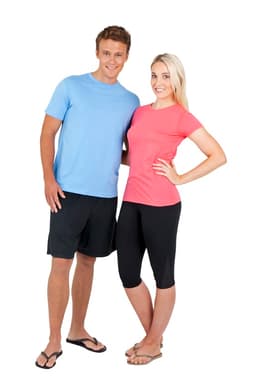 A blue men's t-shirt and a pink unisex t-shirt on models, paired with black shorts and leggings, featuring a logo.
