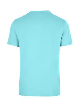 A plain, light blue men's/unisex American style t-shirt with short sleeves and a crew neck. It features a logo.