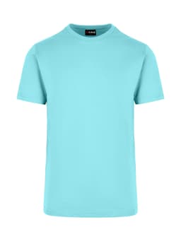 A turquoise unisex t-shirt with a crew neck and short sleeves, featuring a logo on the collar.