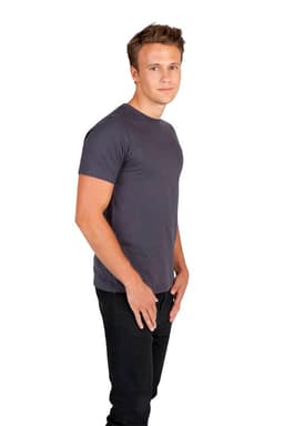 A slim fit men's t-shirt in dark grey, displayed on a model standing sideways, with a simple design and logo.