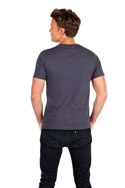A grey men's slim fit T-shirt displayed on a model from the back, paired with black jeans. The shirt has a logo.