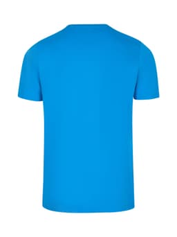 A blue men's slim fit T-shirt, featuring a simple design and a logo on the back.