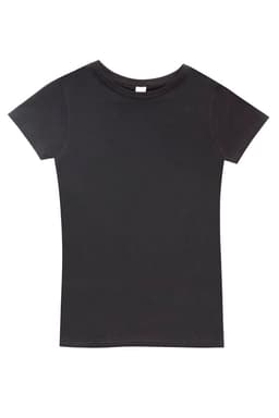 A black women's organic cotton T-shirt with a classic short-sleeve design and a crew neckline.