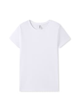 A white women's organic cotton T-shirt with short sleeves and a label inside. It features a logo on the neckline.