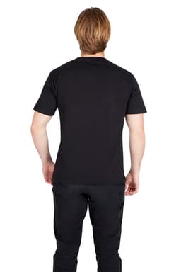 A black unisex V-neck T-shirt displayed from the back, featuring short sleeves.