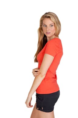 A women's marl V-neck T-shirt in bright orange, paired with black shorts. The shirt features a logo.