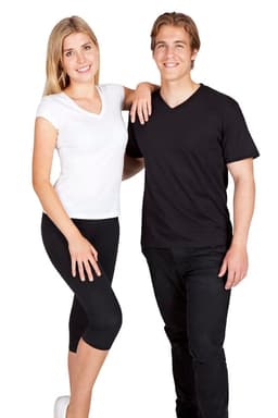 A unisex V-neck T-shirt in black worn by a man, alongside a woman in a white V-neck T-shirt and black leggings.