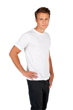 A man wearing a white raw cotton T-shirt with short sleeves, paired with dark pants. The shirt has a logo.