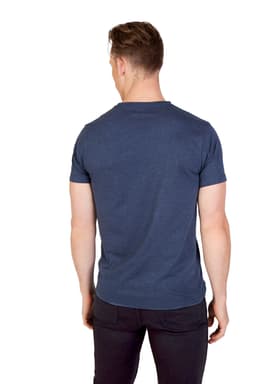 A navy marl crew neck T-shirt, featuring a fitted design and short sleeves, worn by a person from the back.