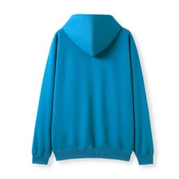 A turquoise men's zip hoodie with a pocket, featuring a hood and long sleeves. It has a simple design with a logo.