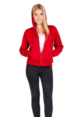 A red women's juniors zipper hoodie with a pocket, featuring a hood and worn over a white top.