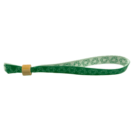 Green rPET festival wristband featuring a recycling symbol pattern and a wooden clasp.