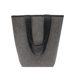 A grey felt bag with black straps, featuring a simple design and a logo on the front.