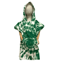 A green tie-dye kids poncho with a hood and a front pocket, displayed on a mannequin. It features a branding logo.