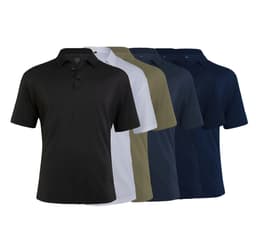 A set of five polo shirts in black, white, olive, navy, and grey, featuring a logo on the collar.