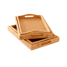 A bamboo tray set featuring two trays with handles, showcasing a natural wood finish.