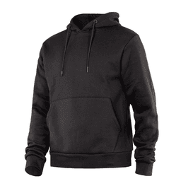 A black hoodie featuring a front pocket and drawstring hood, with a logo on the chest area.
