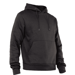 A black hoodie with a front pocket and adjustable drawstrings on the hood, featuring a logo.
