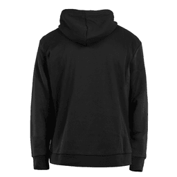 A black hoodie featuring a spacious hood and a simple design. It has a logo on the back.
