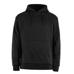 A black hoodie featuring a front pocket, drawstring hood, and a minimalistic design. It has a logo on the garment.