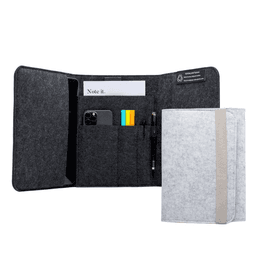 A grey and black felt tablet organiser with pockets for a phone, pens, and sticky notes. It includes a logo.
