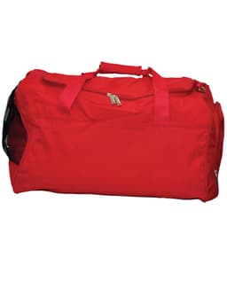A red duffle bag with a zippered closure and mesh side pockets. It has sturdy handles for easy carrying.
