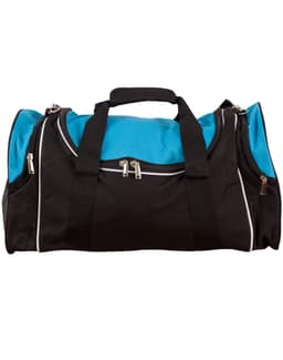 A duffle bag in black with a bright blue top, featuring zipper compartments and straps. It has a logo on it.