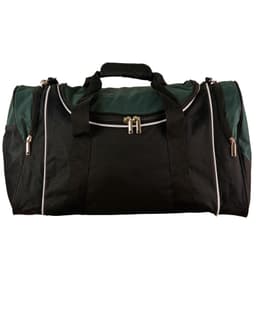 A black and green duffle bag with dual handles and zippered compartments, featuring a logo.