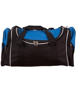 A black and blue duffle bag with a zippered main compartment and side pockets, featuring sturdy handles.