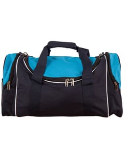 A duffle bag in navy blue and turquoise, featuring a zippered main compartment and carry handles. It has a logo.