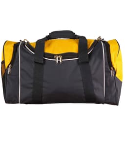 A black and yellow duffle bag with two handles and a zippered compartment, featuring a logo on the side.