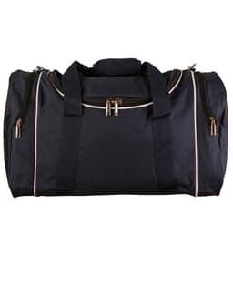 A black duffle bag with contrasting white piping, featuring dual handles and a zippered closure. It has a logo.