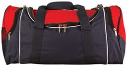 A navy and red duffle bag with black straps and zippers, featuring a logo on the front.