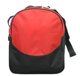 A red and black duffle bag with a zipper and adjustable strap, featuring a logo on the front.