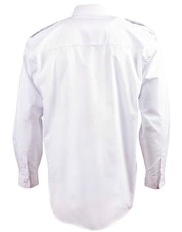A white long sleeve button-up shirt featuring epaulette details and a back yoke. The shirt has a logo.