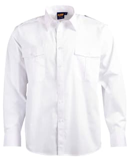 A white long sleeve button-up shirt featuring two chest pockets and a logo.
