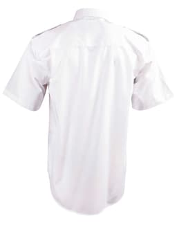 A white short sleeve button-up shirt with epaulettes and a smooth fabric texture, featuring a logo.