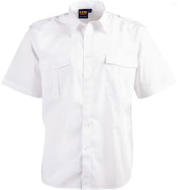 A white button-up short sleeve shirt with two front pockets and epaulettes, featuring a brand logo on the collar.