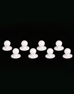 Eight white exchangeable buttons for chef uniforms, featuring a round shape with a flat base.
