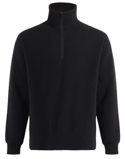 A black 1/2 zip collar polar fleece jumper featuring a high neck and long sleeves, with a logo on the front.
