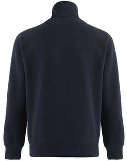 A navy 1/2 zip collar polar fleece jumper with a plain back and a small logo.