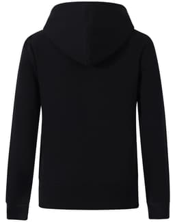 A black full-zip fleecy hoodie featuring a hood and ribbed cuffs. Includes a logo on the back.