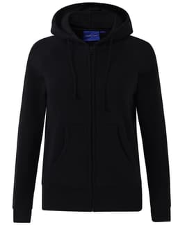 A black full-zip fleecy hoodie featuring a hood and front pockets, with a logo on the front.