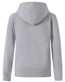 A grey ladies' full-zip fleecy hoodie with a hood and long sleeves, featuring a simple design and branding.