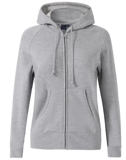 A ladies' full-zip fleecy hoodie in light grey, featuring a hood and front pockets, with a logo on the chest.